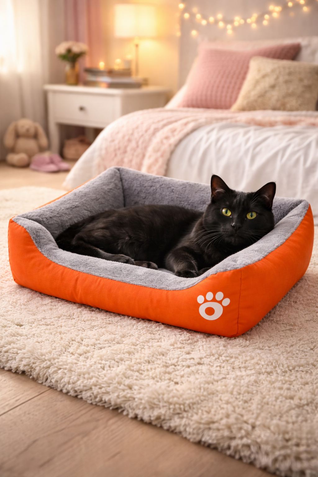 Chat noir confortablement installé dans un panier cocoon orange, lit doux et rassurant pour chats, ambiance cosy
