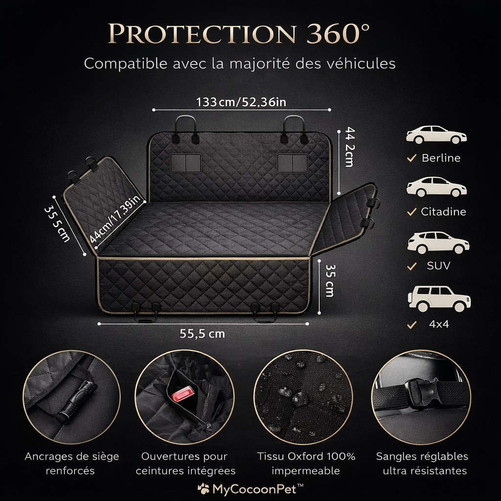 Protection 360° MyCocoonPet – housse de siège voiture pour chien compatible berline, SUV et 4x4 avec ancrages renforcés et tissu imperméable