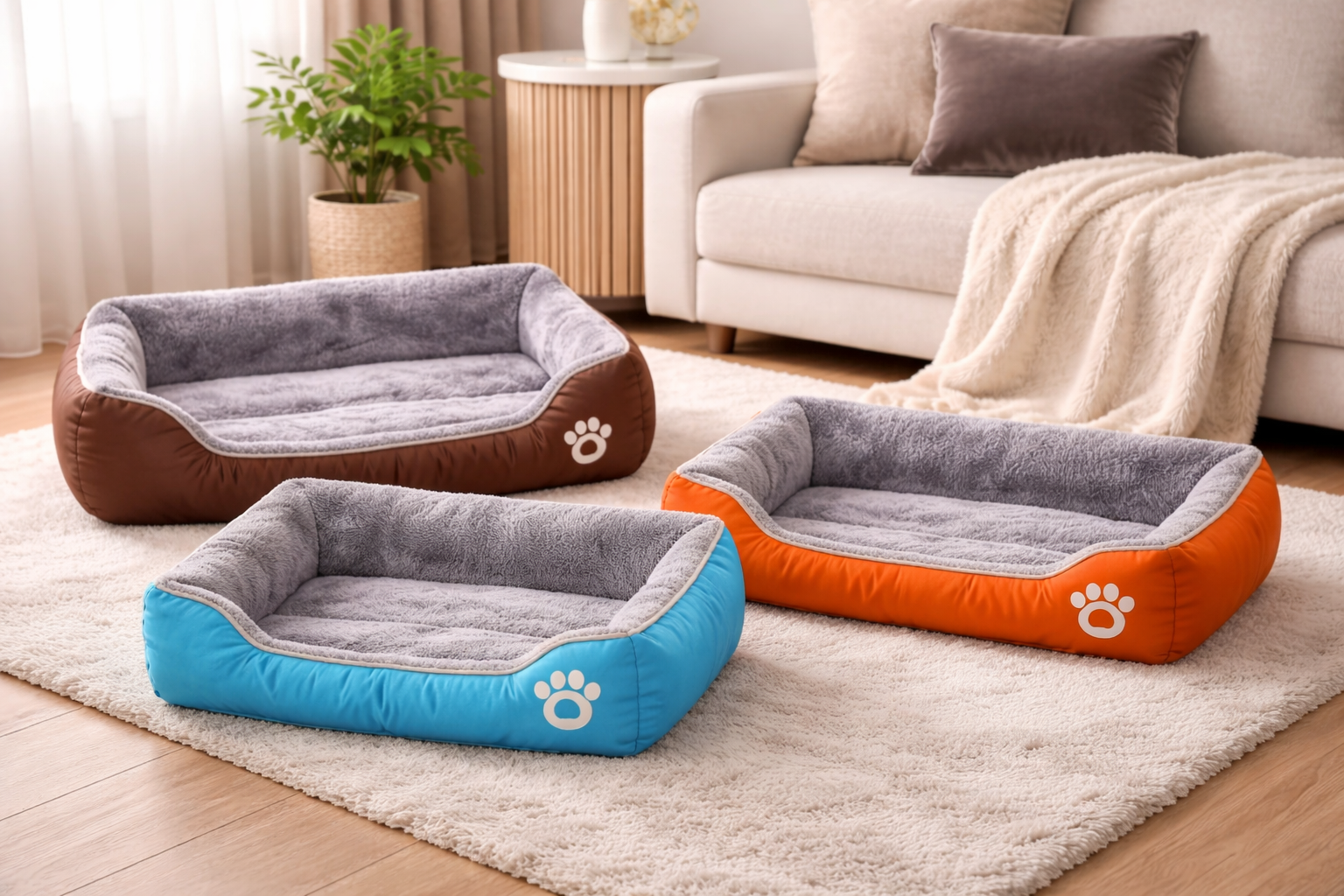 Trois paniers douillets pour chien et chat, vides, en couleurs bleu, orange et marron, présentés dans un intérieur chaleureux et élégant.