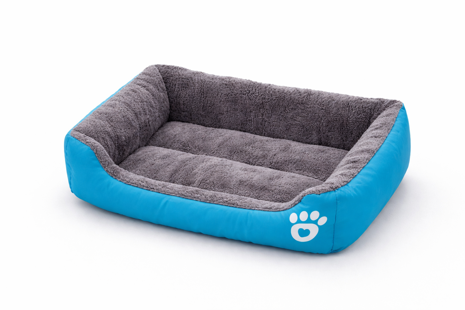 Panier pour chien et chat rectangulaire bleu et gris, intérieur doux en peluche, présenté vide sur fond blanc en studio photo