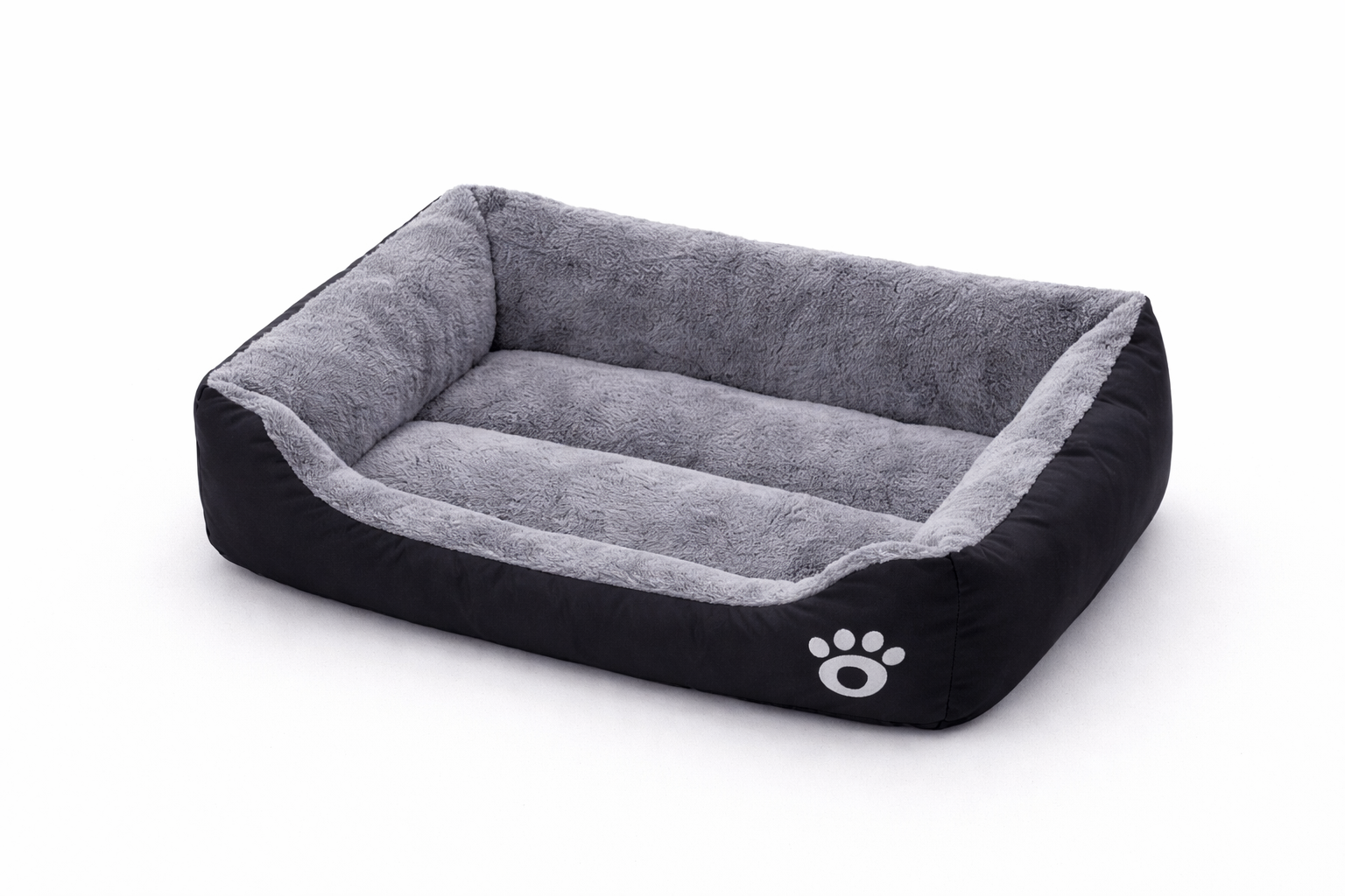 Panier rectangulaire pour chien et chat, coloris noir et gris, vide, photographié en studio sur fond blanc