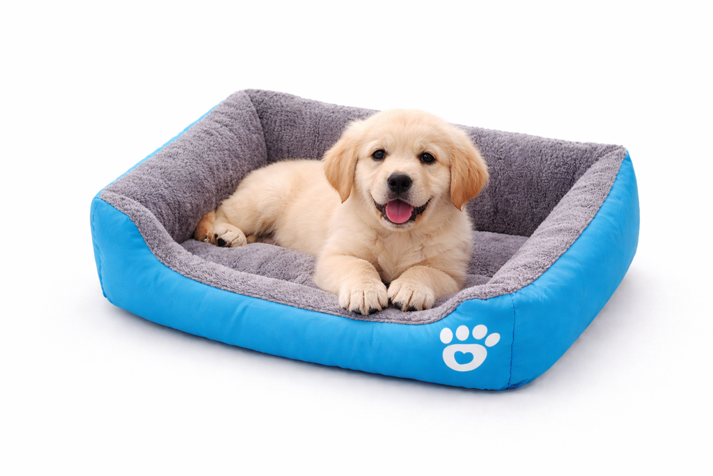 Chiot Golden Retriever détendu dans son panier Cocoon ultra confortable, doux et rassurant